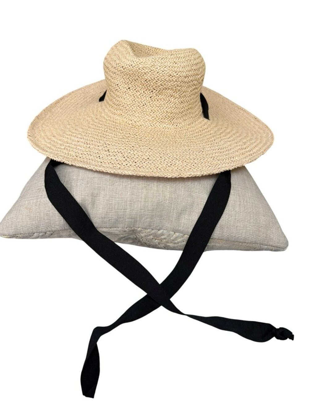 New Hat Attack Straw Sun Hat Wide Brim Paper Weave Black Ribbon Tie